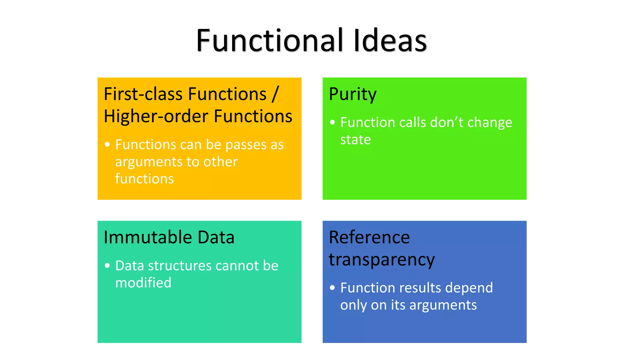 Functional Ideas First-class Functions / Higher-order Functions • Functions can be passes as arguments to other functions Purity • Function calls don’t change state Immutable Data • Data structures cannot be modified Reference transparency • Function results depend only on its arguments 