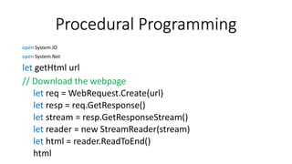 Procedural Programming
open System.IO
open System.Net
let getHtml url
// Download the webpage
let req = WebRequest.Create(url)
let resp = req.GetResponse()
let stream = resp.GetResponseStream()
let reader = new StreamReader(stream)
let html = reader.ReadToEnd()
html
 
