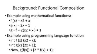 •Example using mathematical functions:
•f (x) = x2 + x
•g(x) = 2x + 1
•g ◦ f = 2(x2 + x ) + 1
•Example using programming language function
•int f (x) {x2 + x};
•int g(x) {2x + 1};
•Now, g(f(x))is {2 * f(x) + 1};
Background: Functional Composition
 