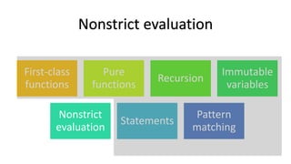 Nonstrict evaluation
First-class
functions
Pure
functions
Recursion
Immutable
variables
Nonstrict
evaluation
Statements
Pattern
matching
 