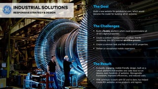 INDUSTRIALSOLUTIONS
RESPONSIVE STRATEGY&DESIGN
The Goal
Build	
  a	
  new	
  website	
  for	
  geindustrial.com,	
  which	
  would	
  
become	
  the	
  model	
  for	
  building	
  all	
  GE	
  websites.
The Challenges
§ Build	
  a	
  flexible platform	
  which	
  could	
  accommodate	
  all	
  
of	
  GE’s	
  digital	
  properties.
§ Create	
  a	
  content	
  management	
  workflow	
  that	
  fit	
  
seamlessly	
  into	
  GE’s	
  internal	
  workflow	
  process.
§ Create	
  a	
  common	
  look	
  and	
  feel	
  across	
  all	
  GE	
  properties.
§ Deliver	
  an	
  exceptional	
  mobile	
  experience.
The Result
• A	
  visually	
   engaging,	
  mobile-­‐friendly	
   design,	
  built	
  on	
  a	
  
robust	
  platform	
  that	
  enables	
  one	
  code	
  base	
  to	
  run	
  
dozens,	
  even	
  hundreds	
  of	
  websites.	
  Manageable	
  
framework,	
  improved	
  efficiencies,	
   and	
  reduced	
  costs.
• FFW	
  continues	
  to	
  work	
  with	
  GE	
  and	
  to	
  date,	
  has	
  helped	
  
create	
  30+	
  websites	
  across	
  products	
  and	
  regions.
 