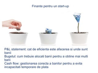 P&L statement: cat de eficienta este afacerea si unde sunt banii Bugetul: cum trebuie alocati banii pentru a obtine mai multi bani Cash flow: gestionarea corecta a banilor pentru a evita incapacitati temporare de plata Finante pentru un start-up 