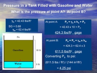 What is the pressure at point A? At point B?
γG = 42.43 lbs/ft3
SG = 0.68
γW = 62.4 lbs/ft3
At point A: PA = γG x hG + PO
= 42.43 x 10 + PO
424.3 lbs/ft2
gage
At point B: PB = PA + γW x hW
= 424.3 + 62.4 x 3
611.5 lbs/ft2
gage
Converting PB to psi:
(611.5 lbs / ft2
) / (144 in2
/ft2
)
= 4.25 psi
Pressure in a Tank Filled with Gasoline and Water
 