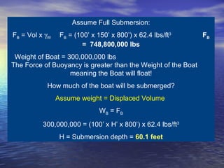 Assume Full Submersion:
FB = Vol x γW FB = (100’ x 150’ x 800’) x 62.4 lbs/ft3
FB
= 748,800,000 lbs
Weight of Boat = 300,000,000 lbs
The Force of Buoyancy is greater than the Weight of the Boat
meaning the Boat will float!
How much of the boat will be submerged?
Assume weight = Displaced Volume
WB = FB
300,000,000 = (100’ x H’ x 800’) x 62.4 lbs/ft3
H = Submersion depth = 60.1 feet
 