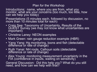 Plan for the Workshop
Introductions: name, where you are from, what you
monitor, what are your concerns (too much, too little, how
can we help you today)
Presentations (5 minutes each, followed by discussion, no
more than 10 minutes total for each)
• Craig See: Taxonomy of Uncertainty, Results of the
QUEST Survey (we may not know what uncertainties are
important)
• Christine Laney: NEON examples
• Mark Green: rain gauge reduction example (HBR)
• Yang Yang: Hg monitoring, loons and fish (detectable
difference or rate of change)
• Ruth Yanai: NH roots, Calhoun soils (detectable
difference or rate of change)
• Alex Young: monitoring measurement uncertainty in the
FIA (confidence in inputs, waiting on sensitivity)
General Discussion: Did this help you? What do you still
need, and how can we help with that?
 