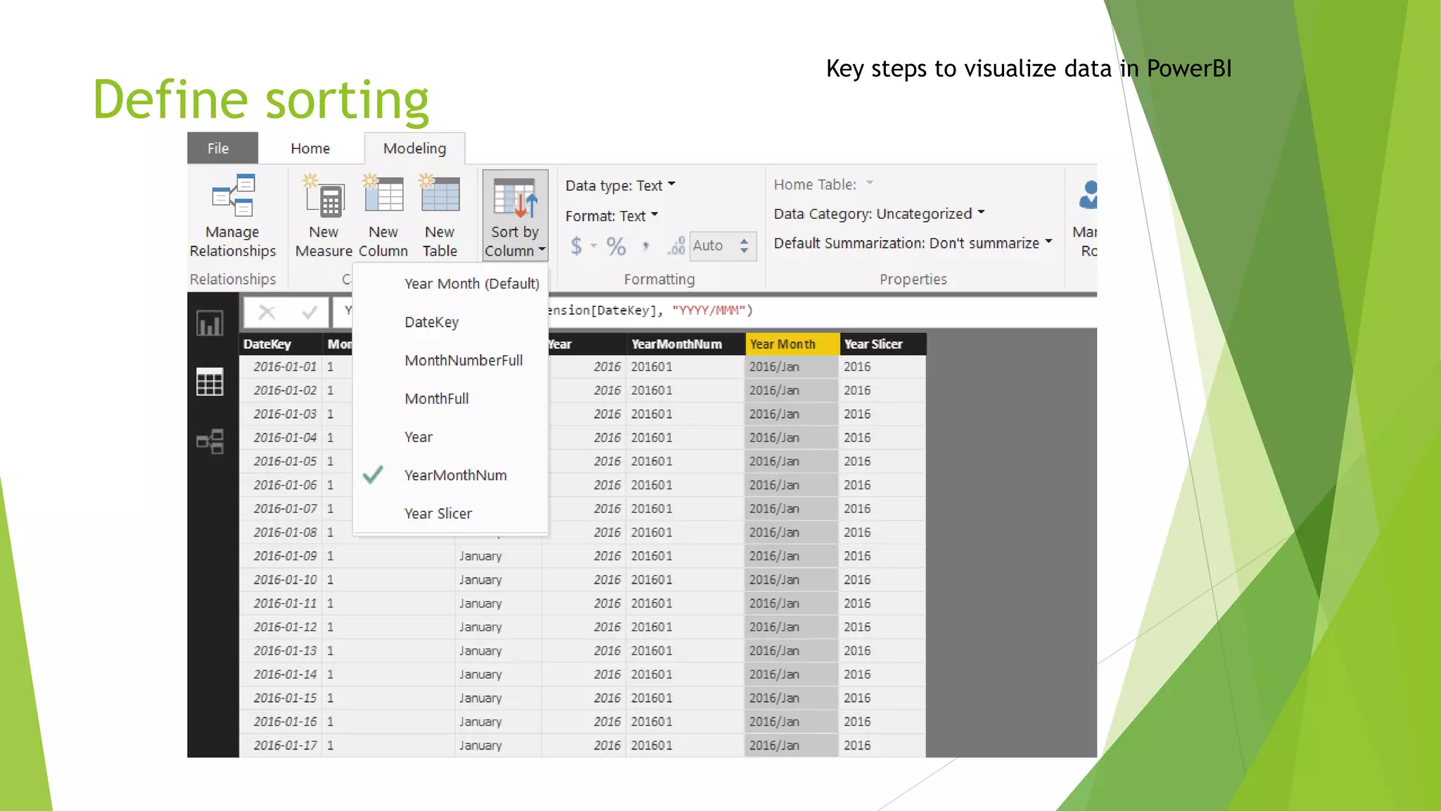 Define sorting
Key steps to visualize data in PowerBI
 
