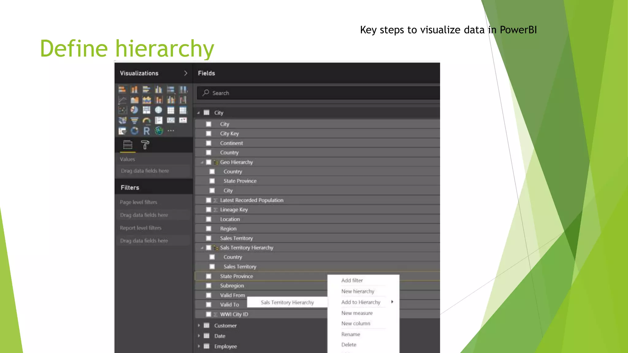 Define hierarchy
Key steps to visualize data in PowerBI
 