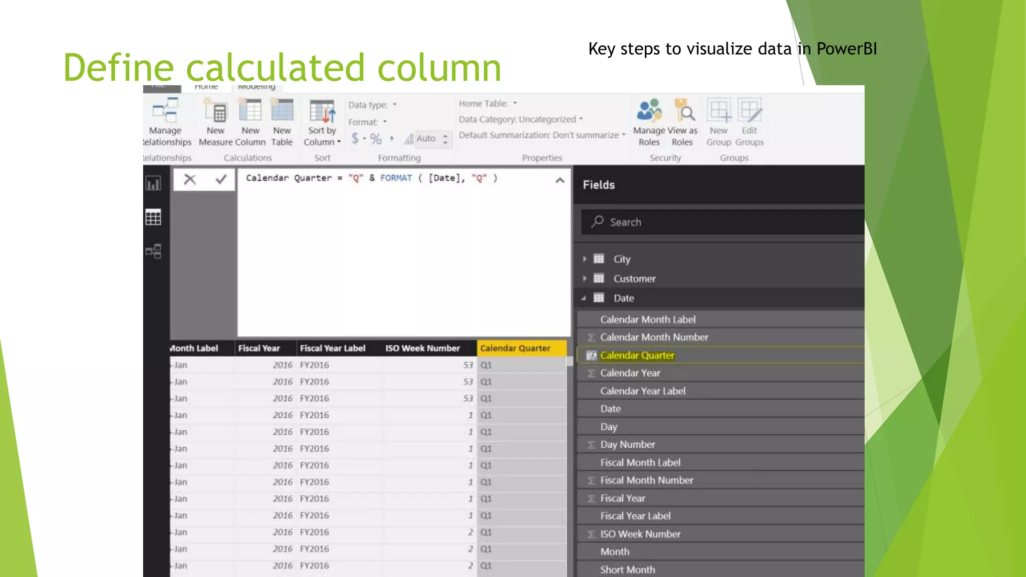 Define calculated column
Key steps to visualize data in PowerBI
 