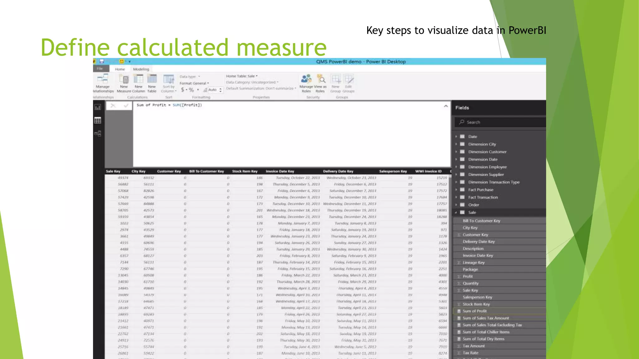 Define calculated measure
Key steps to visualize data in PowerBI
 