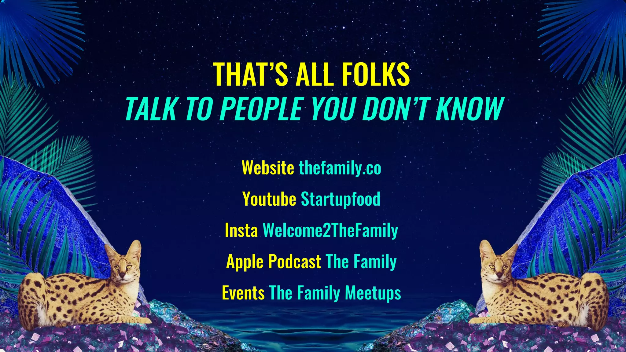 Website thefamily.co
Youtube Startupfood
Insta Welcome2TheFamily
Apple Podcast The Family
Events The Family Meetups
THAT’S ALL FOLKS
TALK TO PEOPLE YOU DON’T KNOW
 