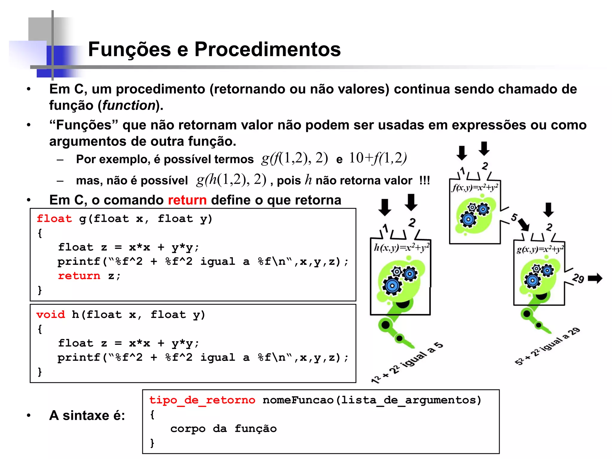 Funções e Procedimentos
• Em C, um procedimento (retornando ou não valores) continua sendo chamado de
função (function).
• “Funções” que não retornam valor não podem ser usadas em expressões ou como
argumentos de outra função.
– Por exemplo, é possível termos e
– mas, não é possível , pois h não retorna valor !!!
• Em C, o comando return define o que retorna
• A sintaxe é:
g(f(1,2), 2)
g(h(1,2), 2)
10+f(1,2)
float g(float x, float y)
{
float z = x*x + y*y;
printf(“%f^2 + %f^2 igual a %fn“,x,y,z);
return z;
}
void h(float x, float y)
{
float z = x*x + y*y;
printf(“%f^2 + %f^2 igual a %fn“,x,y,z);
}
tipo_de_retorno nomeFuncao(lista_de_argumentos)
{
corpo da função
}
 
