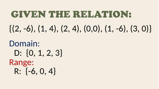 GIVEN THE RELATION:
{(2, -6), (1, 4), (2, 4), (0,0), (1, -6), (3, 0)}
Domain:
D: {0, 1, 2, 3}
Range:
R: {-6, 0, 4}
 