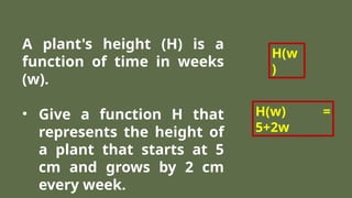 A plant's height (H) is a
function of time in weeks
(w).
• Give a function H that
represents the height of
a plant that starts at 5
cm and grows by 2 cm
every week.
H(w
)
H(w) =
5+2w
 