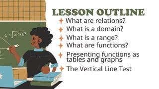 What are relations?
What are functions?
Presenting functions as
tables and graphs
The Vertical Line Test
LESSON OUTLINE
What is a domain?
What is a range?
 