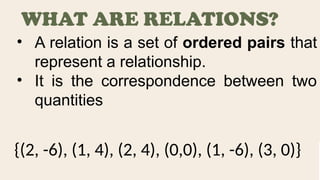 WHAT ARE RELATIONS?
{(2, -6), (1, 4), (2, 4), (0,0), (1, -6), (3, 0)}
• A relation is a set of ordered pairs that
represent a relationship.
• It is the correspondence between two
quantities
 