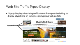Web Site Traffic Types-Display
• Display-Display advertising traffic comes from people clicking on
display advertising on web sites and various web portals.
 