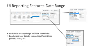 UI Reporting Features-Date Range
• Customize the date range you wish to examine.
• Benchmark your data by comparing different time
periods, MoM, YoY
 