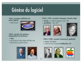 Génèse du logiciel
1964 : première déﬁnition du                             1960 à 1970 : premiers langages orientés objet
génie logiciel                                           ‣ Simula : O.-J. Dahl & K. Nygaard, années 1960
‣ OTAN, Garmish                                          ‣ SmallTalk : A. Kay, 1970




1969 : premier OS moderne
indépendant du hardware
‣ Unix                                                    1985 à 1988 : premier framework applicatif
‣ Ken Thompson et Dennis Ritchie (ATT Bell’s Lab)          ‣ MacApp, 1985 (Apple)
‣ Ordonnanceur, gestion de ﬁchiers, ...
                                                           ‣ Jonhson & Foote, concept de réutilisation 1988




                                                    22
 