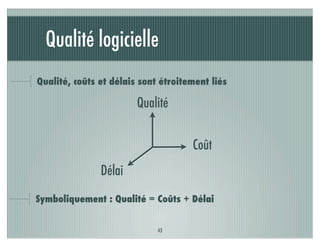 Qualité logicielle
Qualité, coûts et délais sont étroitement liés

                        Qualité


                                     Coût
               Délai
Symboliquement : Qualité = Coûts + Délai


                             43
 