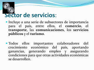 Sector de servicios:Incluye a una serie de subsectores de importancia para el país, entre ellos, el comercio, el transporte, las comunicaciones, los servicios públicos y el turismo. Todos ellos importantes colaboradores del crecimiento económico del país, aportando ganancias, generando empleo y asegurando condiciones para que otras actividades económicas se desarrollen. 