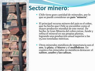 Sector minero:Chile tiene gran cantidad de minerales, por lo que se puede considerar un país “minero”. El principal recurso minero del país es el cobre, que ha hecho que Chile se encumbre como el mayor productor mundial de este metal. De hecho, la Gran Minería del cobre extrae, funde y refina el mineral en sus propias plantas, logrando una producción anual superior a las 75.000 toneladas métricas. Otros minerales metálicos de importancia son el oro, la plata, el hierro y el molibdeno. En cuanto a los minerales no metálicos destacan: el salitre, azufre y las calizas.