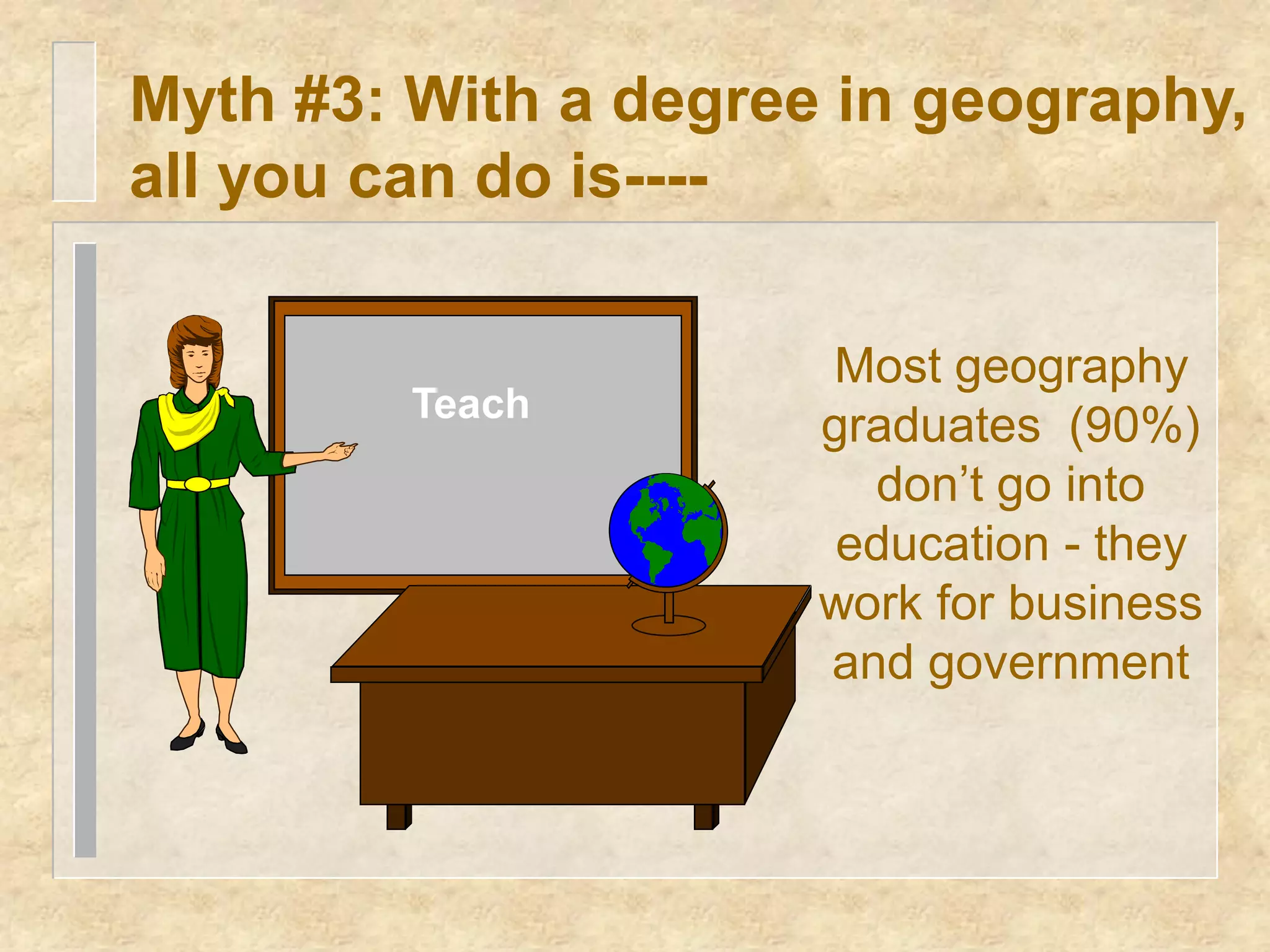 Myth #3: With a degree in geography,
all you can do is----

                      Most geography
         Teach
                      graduates (90%)
                        don’t go into
                       education - they
                      work for business
                      and government
 