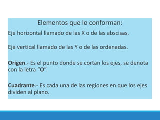 COCEPTOS FUNDAMENTALESElementos que lo conforman:
Eje horizontal llamado de las X o de las abscisas.
Eje vertical llamado de las Y o de las ordenadas.
Origen.- Es el punto donde se cortan los ejes, se denota
con la letra “O”.
Cuadrante.- Es cada una de las regiones en que los ejes
dividen al plano.
 
