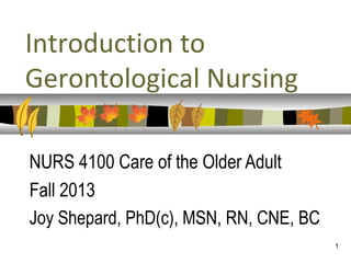 1
Introduction to
Gerontological Nursing
NURS 4100 Care of the Older Adult
Fall 2013
Joy Shepard, PhD(c), MSN, RN, CNE, BC
 