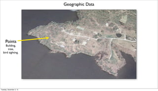 Geographic Data

Points
Building,
tree,
bird sighting.

Tuesday, December 3, 13

 