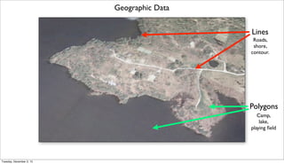 Geographic Data
Lines
Roads,
shore,
contour.

Polygons
Camp,
lake,
playing ﬁeld

Tuesday, December 3, 13

 
