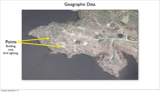 Geographic Data

Points
Building,
tree,
bird sighting.

Tuesday, December 3, 13

 