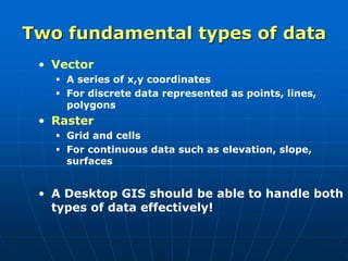 Two fundamental types of data
• Vector
 A series of x,y coordinates
 For discrete data represented as points, lines,
polygons
• Raster
 Grid and cells
 For continuous data such as elevation, slope,
surfaces
• A Desktop GIS should be able to handle both
types of data effectively!
 