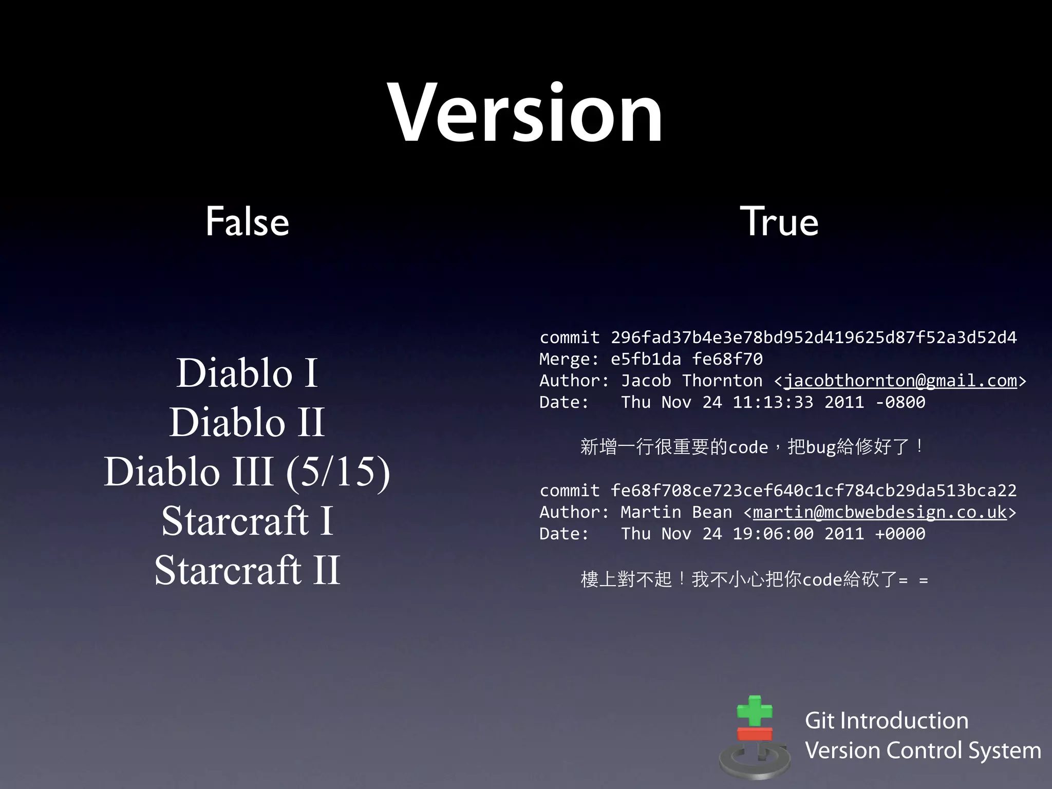 Version
     False                                    True

                    commit	
  296fad37b4e3e78bd952d419625d87f52a3d52d4

    Diablo I
                    Merge:	
  e5fb1da	
  fe68f70
                    Author:	
  Jacob	
  Thornton	
  <jacobthornton@gmail.com>
                    Date:	
  	
  	
  Thu	
  Nov	
  24	
  11:13:33	
  2011	
  -­‐0800
   Diablo II        	
  	
  	
  	
  新增⼀一行很重要的code，把bug給修好了！
Diablo III (5/15)   commit	
  fe68f708ce723cef640c1cf784cb29da513bca22

   Starcraft I      Author:	
  Martin	
  Bean	
  <martin@mcbwebdesign.co.uk>
                    Date:	
  	
  	
  Thu	
  Nov	
  24	
  19:06:00	
  2011	
  +0000

  Starcraft II      	
  	
  	
  	
  樓上對不起！我不小心把你code給砍了=	
  =




                                                      Git Introduction
                                                      Version Control System
 