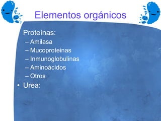 Elementos orgánicos Proteínas: Amilasa Mucoproteinas Inmunoglobulinas Aminoácidos Otros Urea: 