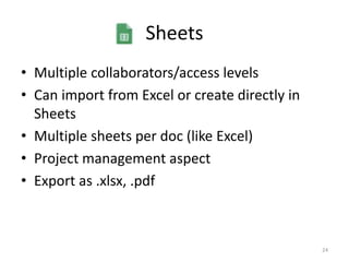 Sheets
• Multiple collaborators/access levels
• Can import from Excel or create directly in
Sheets
• Multiple sheets per doc (like Excel)
• Project management aspect
• Export as .xlsx, .pdf
24
 