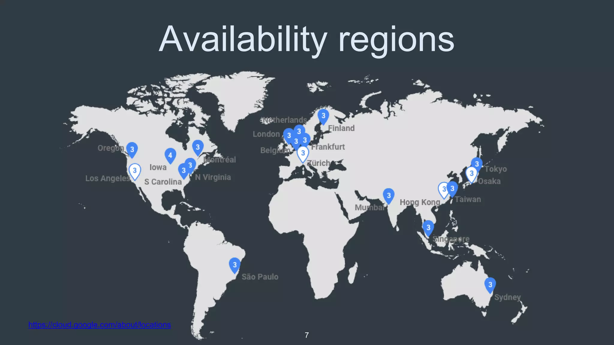 Availability regions
7
https://cloud.google.com/about/locations
 