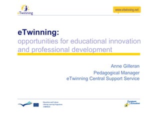 eTwinning:
opportunities for educational innovation
and professional development

                                   Anne Gilleran
                          Pedagogical Manager
               eTwinning Central Support Service
 