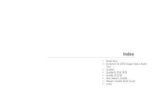 Index
• Build-Tool
• Evolution & 2016 Usage Status Build
Tool
• Gradle?
• Gradle의 주요 특징
• Gradle 장,단점
• Ant, Maven, Gradle
• Maven, Gradle Build Script
• Links
 