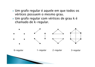    Um grafo regular é aquele em que todos os
    vértices possuem o mesmo grau.
   Um grafo regular com vértices de grau k é
    chamado de k-regular.




0-regular        1-regular   2-regular   3-regular
 