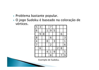    Problema bastante popular.
   O jogo Sudoku é baseado na coloração de
    vértices.




                 Exemplo de Sudoku.
 