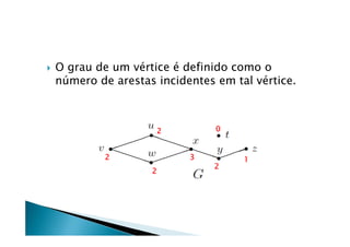    O grau de um vértice é definido como o
    número de arestas incidentes em tal vértice.



                      2          0


             2              3         1
                                 2
                     2
 