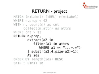 (c) Neo Technology, Inc 2014
MATCH (n:Label)-[:REL]->(m:Label)
WHERE n.prop < 42
WITH n, count(m) as cnt, 
collect(m.attr) as attrs
WHERE cnt > 12
RETURN n.prop,
extract(a2 in 
filter(a1 in attrs
WHERE a1 =~ "...-.*")
| substr(a2,4,size(a2)-1)]
AS ids
ORDER BY length(ids) DESC
SKIP 5 LIMIT 10
RETURN - project
 