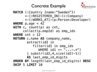 (c) Neo Technology, Inc 2014
MATCH (:Country {name:"Sweden"})
<-[:REGISTERED_IN]-(c:Company)
<-[:WORKS_AT]-(p:Person:Developer)
WHERE p.age < 42
WITH c, count(p) as cnt, 
collect(p.empId) as emp_ids
WHERE cnt > 12
RETURN c.name AS company_name,
extract(id2 in 
filter(id1 in emp_ids
WHERE id1 =~ "...-.*")
| substr(id2,4,size(id2)-1)]
AS last_emp_id_digits
ORDER BY length(last_emp_id_digits) DESC
SKIP 5 LIMIT 10
Concrete Example
 