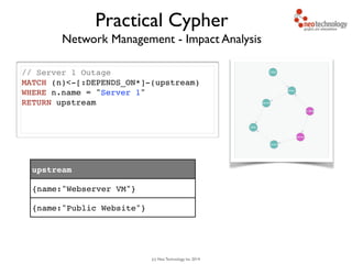 (c) Neo Technology, Inc 2014
Network Management - Impact Analysis
// Server 1 Outage!
MATCH (n)<-[:DEPENDS_ON*]-(upstream)!
WHERE n.name = "Server 1"!
RETURN upstream!
Practical Cypher
upstream
{name:"Webserver VM"}
{name:"Public Website"}
 