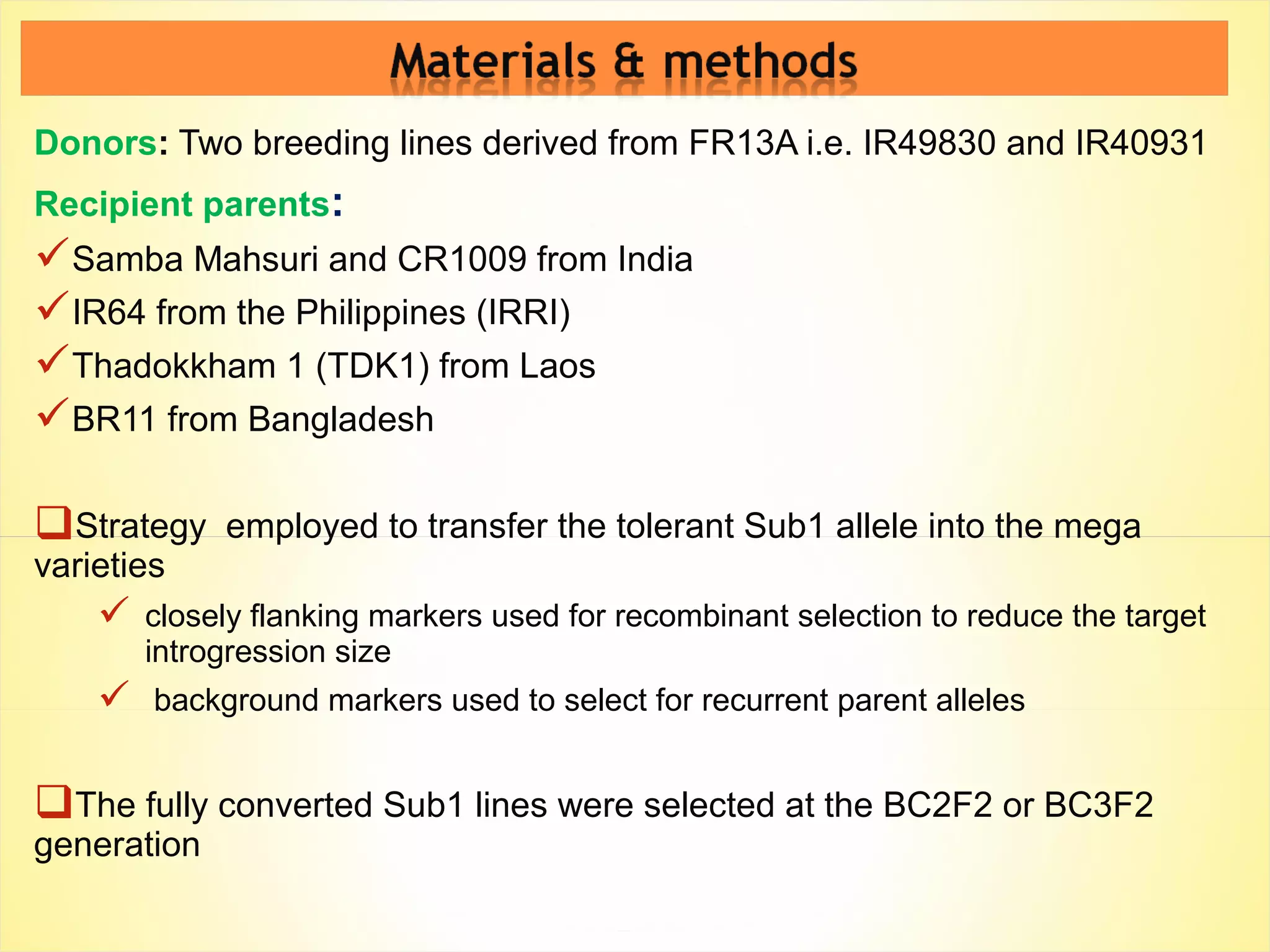 Donors: Two breeding lines derived from FR13A i.e. IR49830 and IR40931
Recipient parents:
Samba Mahsuri and CR1009 from India
IR64 from the Philippines (IRRI)
Thadokkham 1 (TDK1) from Laos
BR11 from Bangladesh
Strategy employed to transfer the tolerant Sub1 allele into the mega
varieties
 closely flanking markers used for recombinant selection to reduce the target
introgression size
 background markers used to select for recurrent parent alleles
The fully converted Sub1 lines were selected at the BC2F2 or BC3F2
generation
 