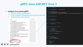 anthonygiretti
• Création d’un service gRPC
• Ajouter csharp_namespace
• Puis compiler! (nécessaire pour écrire le service)
• Enfin écrivez votre service
gRPC dans ASP.NET Core 3
 