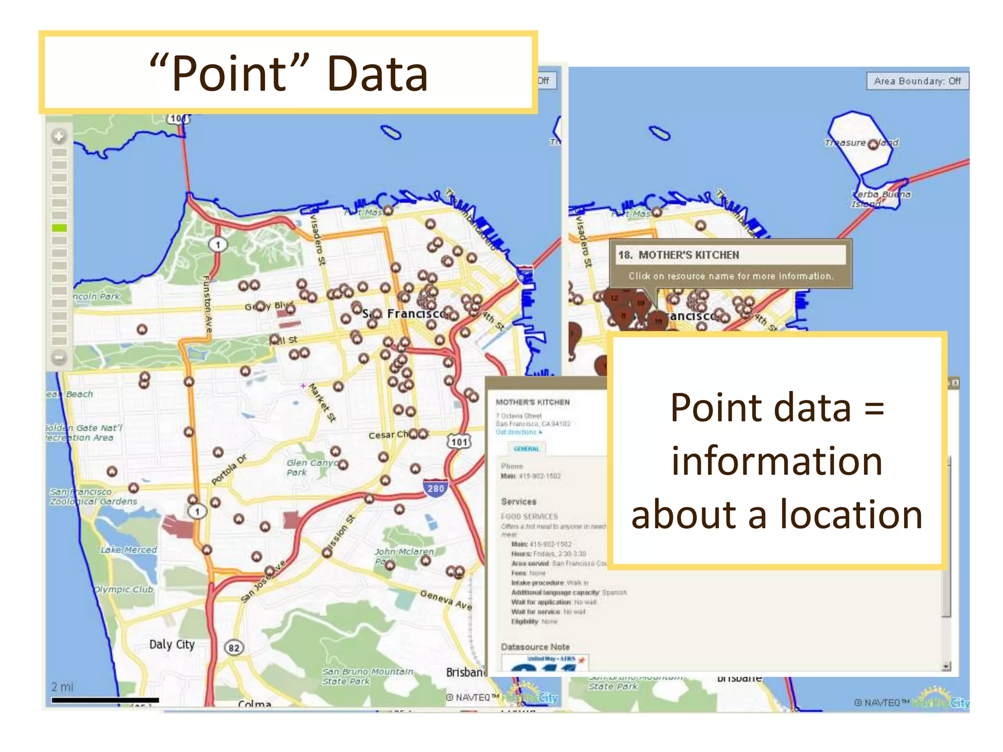“Point” Data




                 Point data =
                 information
               about a location
 