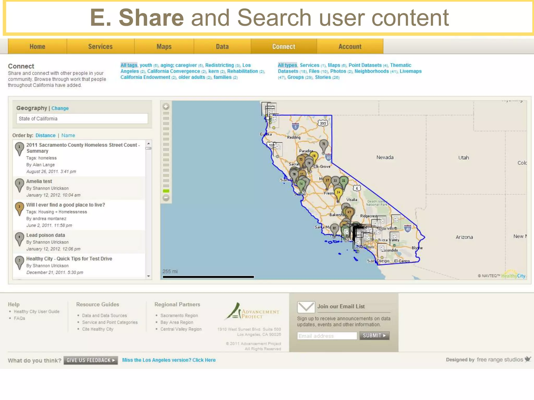 E. Share and Search user content
 