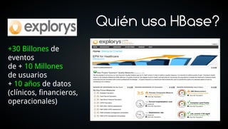 Quién usa HBase?
+30 Billones de
eventos
de + 10 Millones
de usuarios
+ 10 años de datos
(clínicos, financieros,
operacionales)

                                         13
 