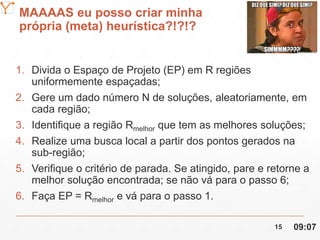 Mission Simulation Lab
HICEE
MAAAAS eu posso criar minha
própria (meta) heurística?!?!?
1. Divida o Espaço de Projeto (EP) em R regiões
uniformemente espaçadas;
2. Gere um dado número N de soluções, aleatoriamente, em
cada região;
3. Identifique a região Rmelhor que tem as melhores soluções;
4. Realize uma busca local a partir dos pontos gerados na
sub-região;
5. Verifique o critério de parada. Se atingido, pare e retorne a
melhor solução encontrada; se não vá para o passo 6;
6. Faça EP = Rmelhor e vá para o passo 1.
09:0715
 